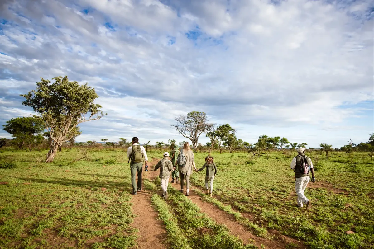 Guests walking single file across green grassland with an Ikoma Hills guide and ranger