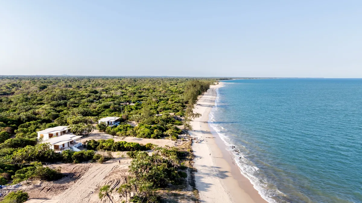 Aerial view of Madete beach running along the coast beside Saadani Kasa Bay
