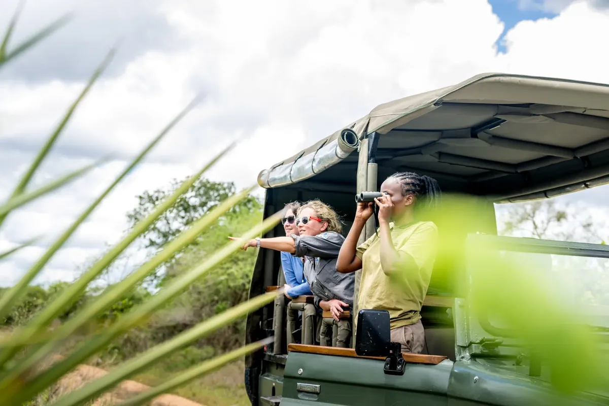 Guests with binoculars standing up in the lodge's open electric safari vehicle