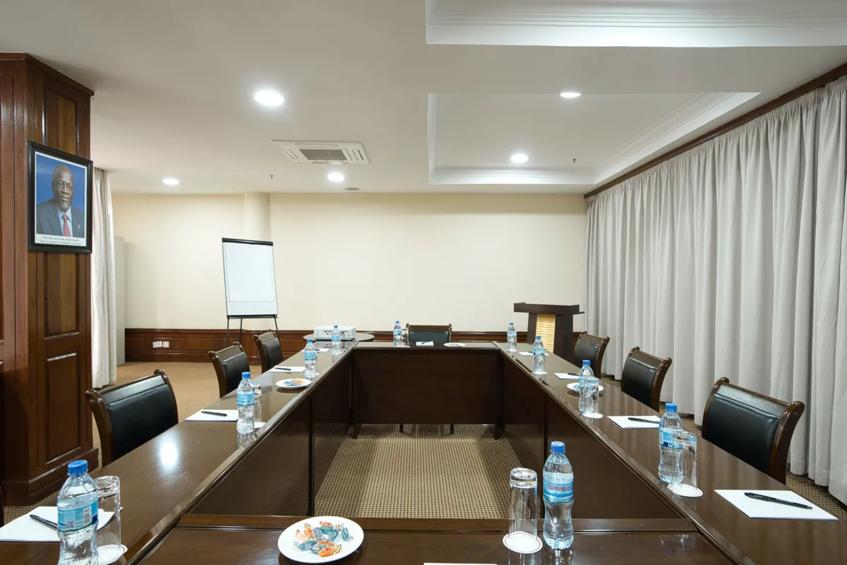 Boardroom style conference room set for a meeting at Kibo Palace Hotel Arusha