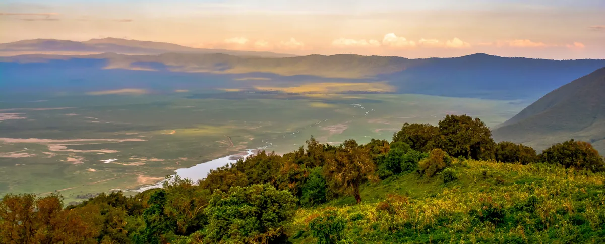 Ngorongoro Crater floor and lake seen from the forested rim in soft morning light